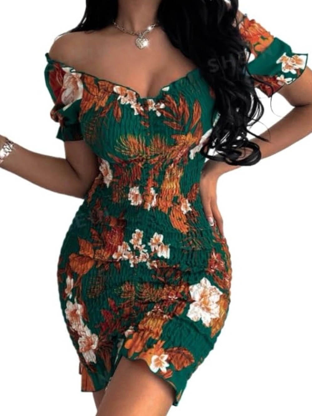 Floral One-Shoulder Green Ruched Bodycon Dress